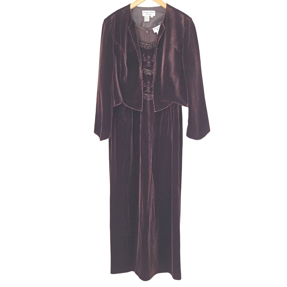 Adrianna Papell Occasions Brown Velvet Beaded Maxi Dress & Jacket Set 14
